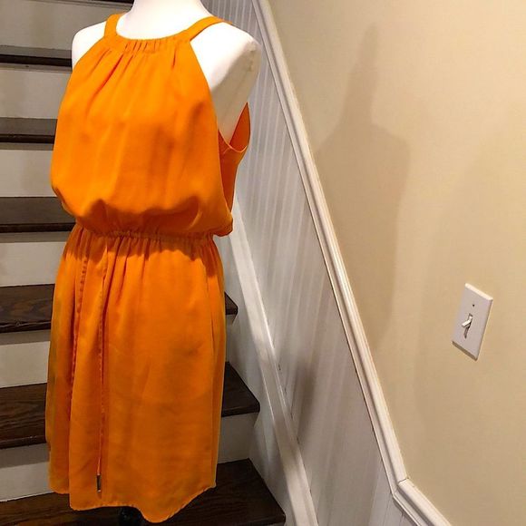 BANANA REPUBLIC Tangerine Sleeveless Cinched Waist Flowy Midi Dress NWOT Size 10 - Picture 6 of 15